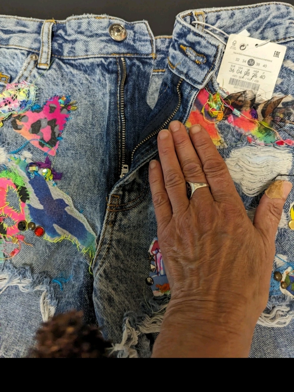Distressed Embroidered Denim Shorts High Waisted New Patchwork Hippie - Picture 3 of 10
